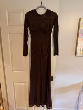 Long Sleeve Ruched Maxi Dress in Dark Brown